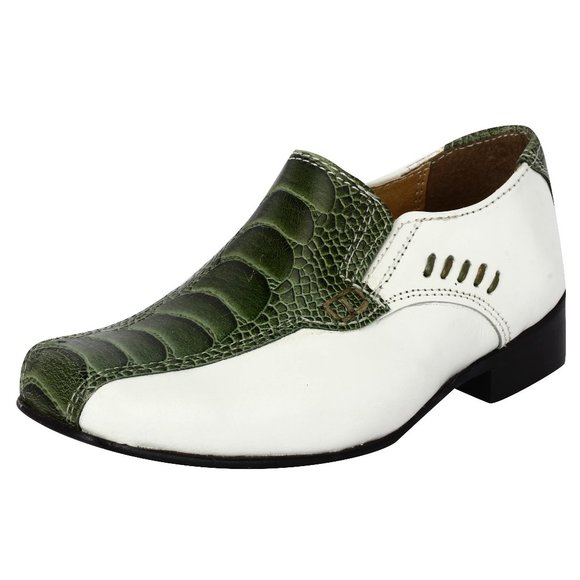LIBERTYZENO Kid's OLIVE OSTRICH LEG / WHITE PLAIN Leather Loafers Dress Shoes - Picture 1 of 5